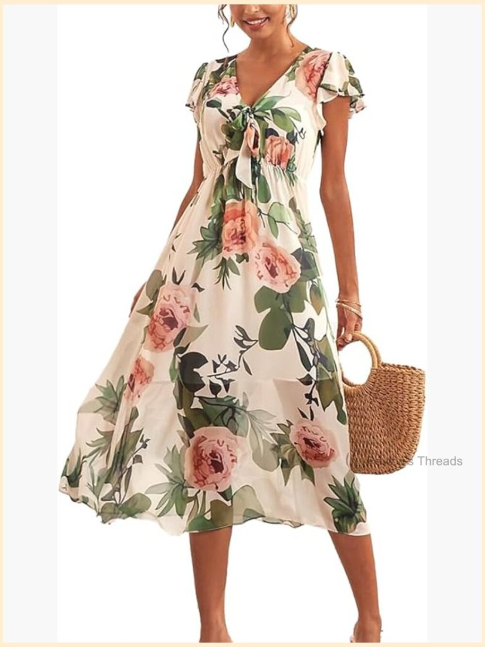 Floral Tie-Front Midi Dress in Cream and Pink
